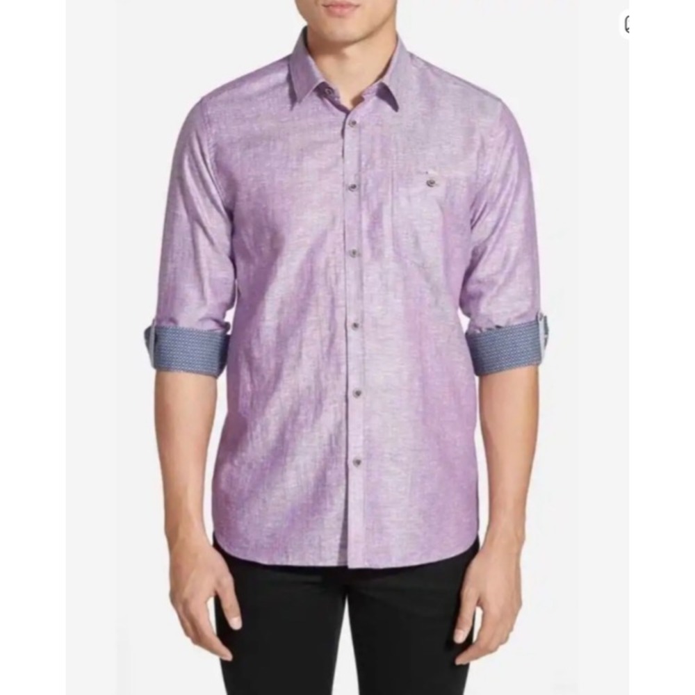Ted Baker‎ London Shirt Mens 6 XL Purple Linen Blend Roll Tab Sleeve